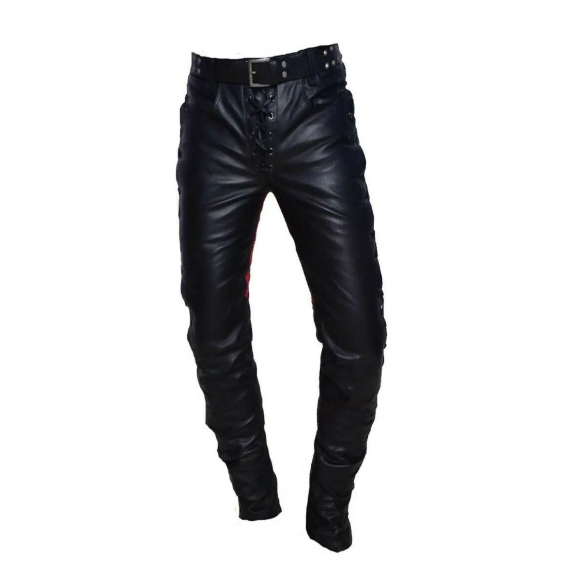 Black and Red Leather Pants with Side Laces