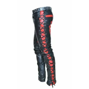 Black and Red Leather Pants with Side Laces