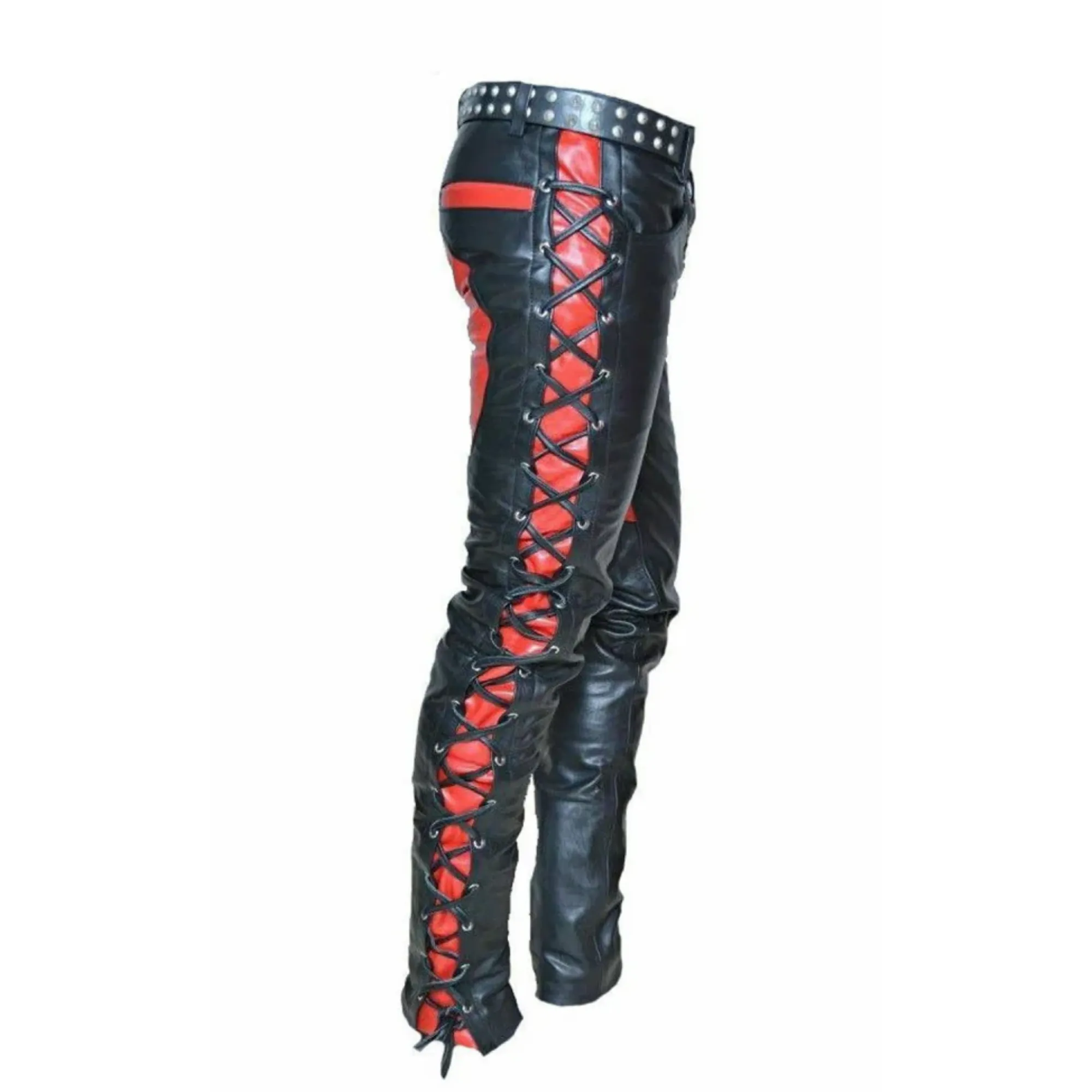 Black and Red Leather Pants with Side Laces