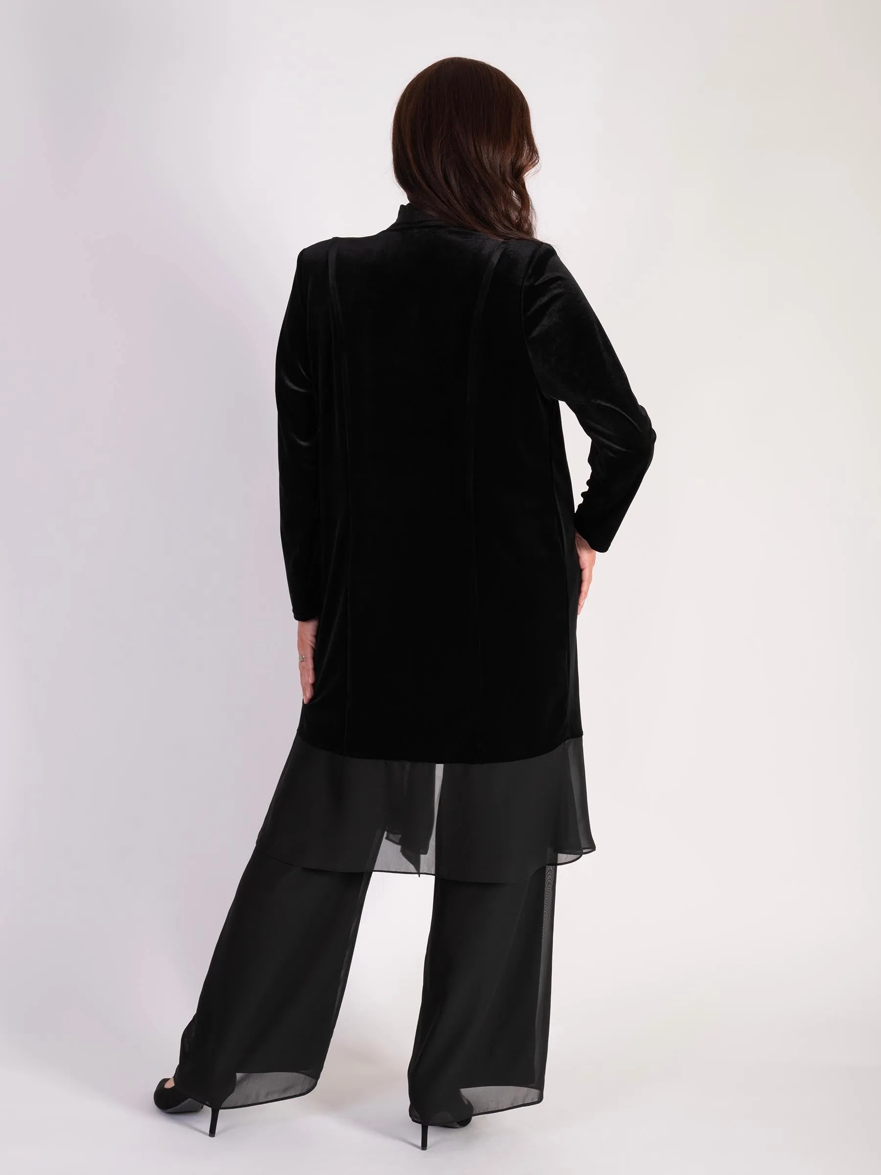 Black Stretch Velvet Long Coat with Chiffon Contrast Trim