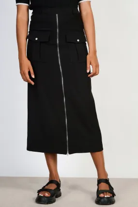 Black zip front midi skirt