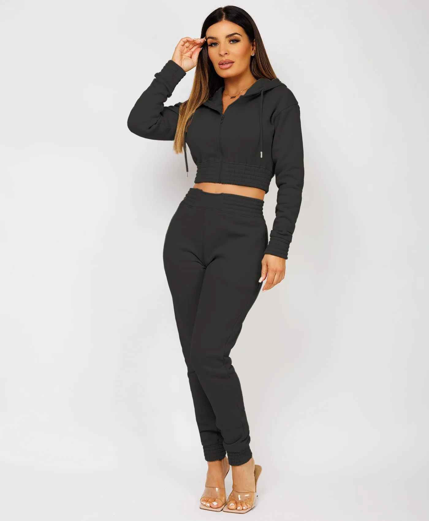 Black Zipped Cropped Hooded Tracksuit Loungewear Set