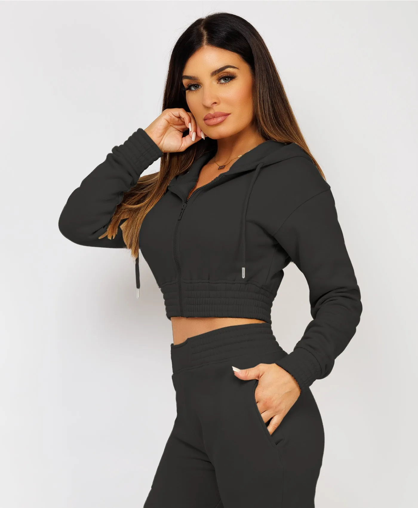 Black Zipped Cropped Hooded Tracksuit Loungewear Set