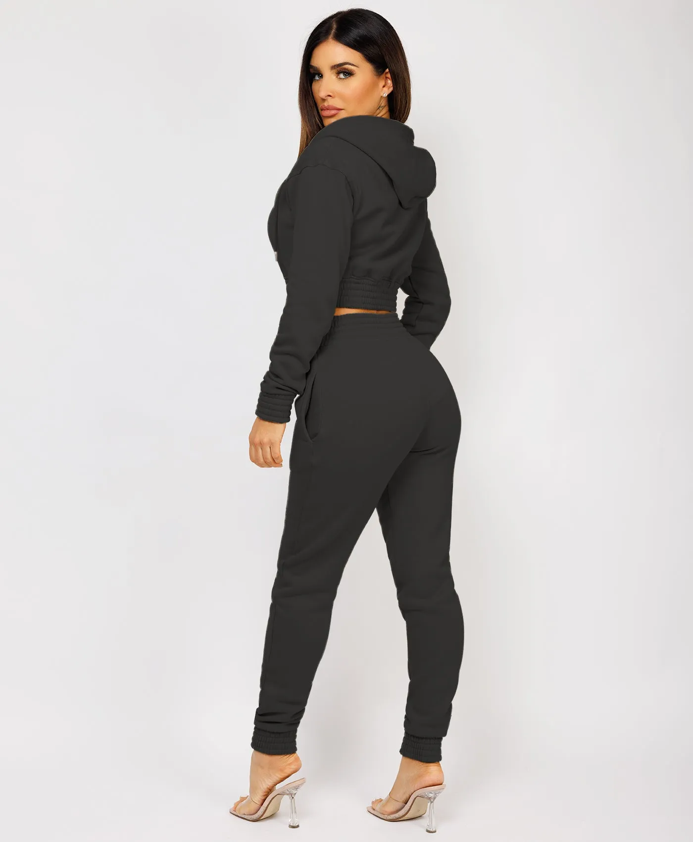 Black Zipped Cropped Hooded Tracksuit Loungewear Set