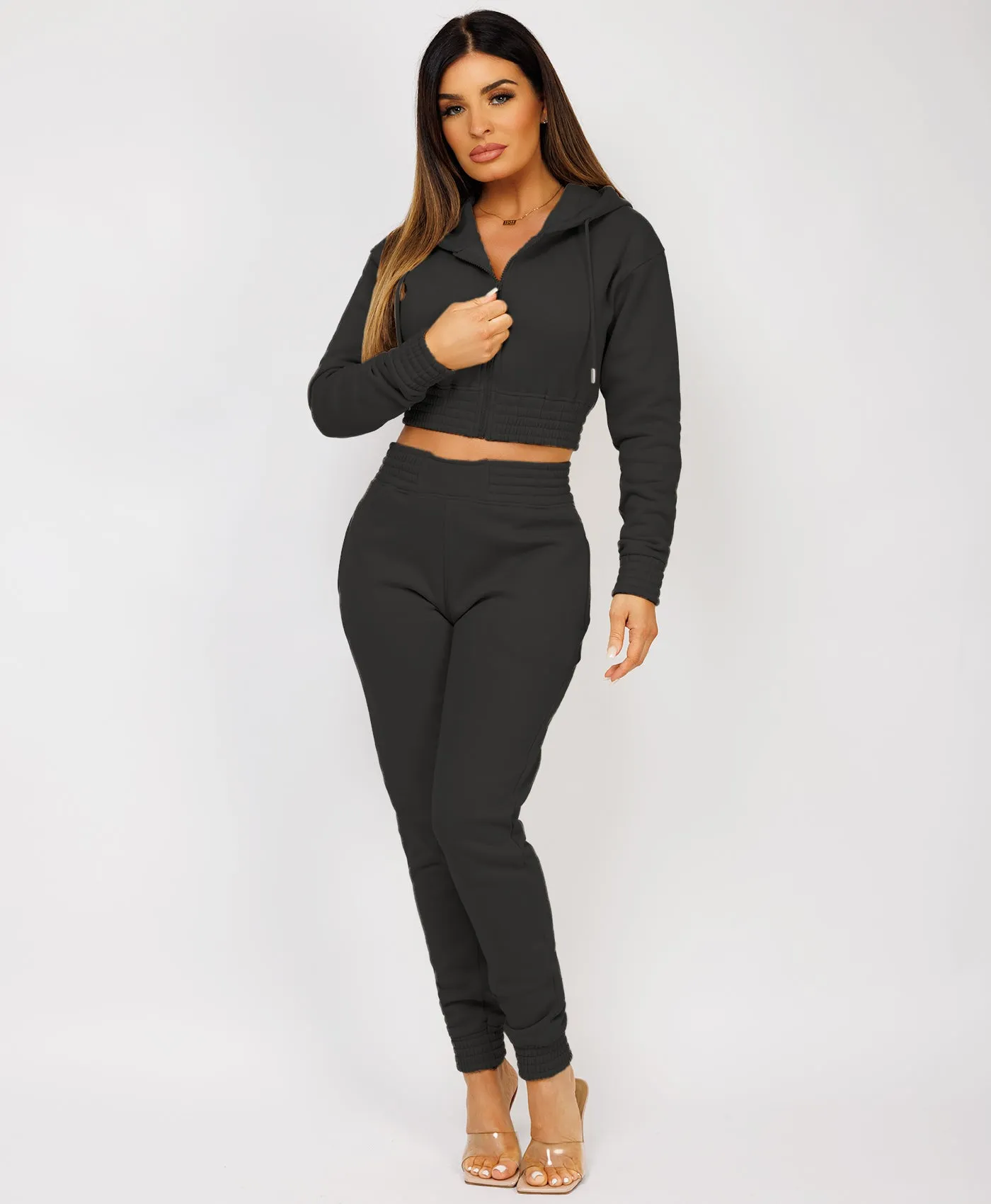 Black Zipped Cropped Hooded Tracksuit Loungewear Set