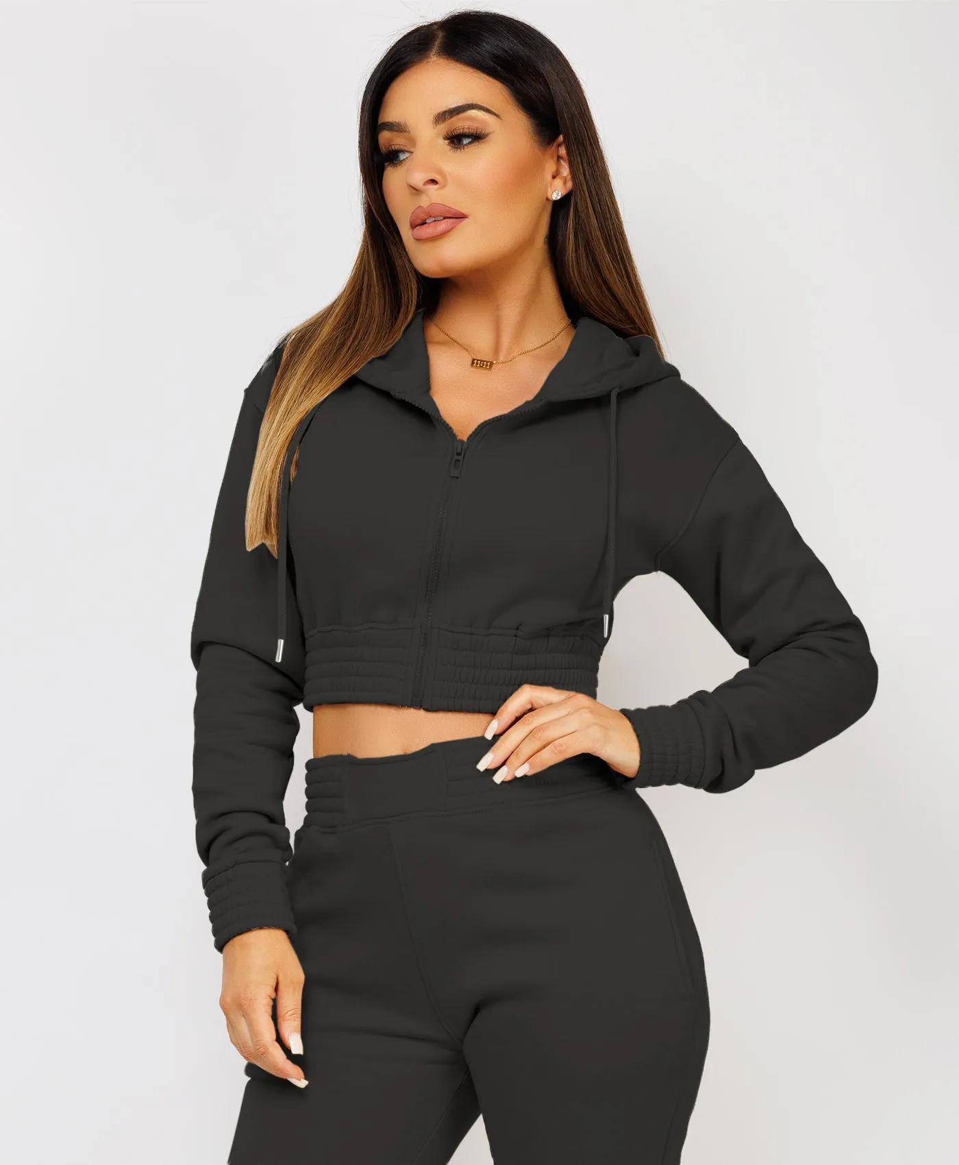 Black Zipped Cropped Hooded Tracksuit Loungewear Set