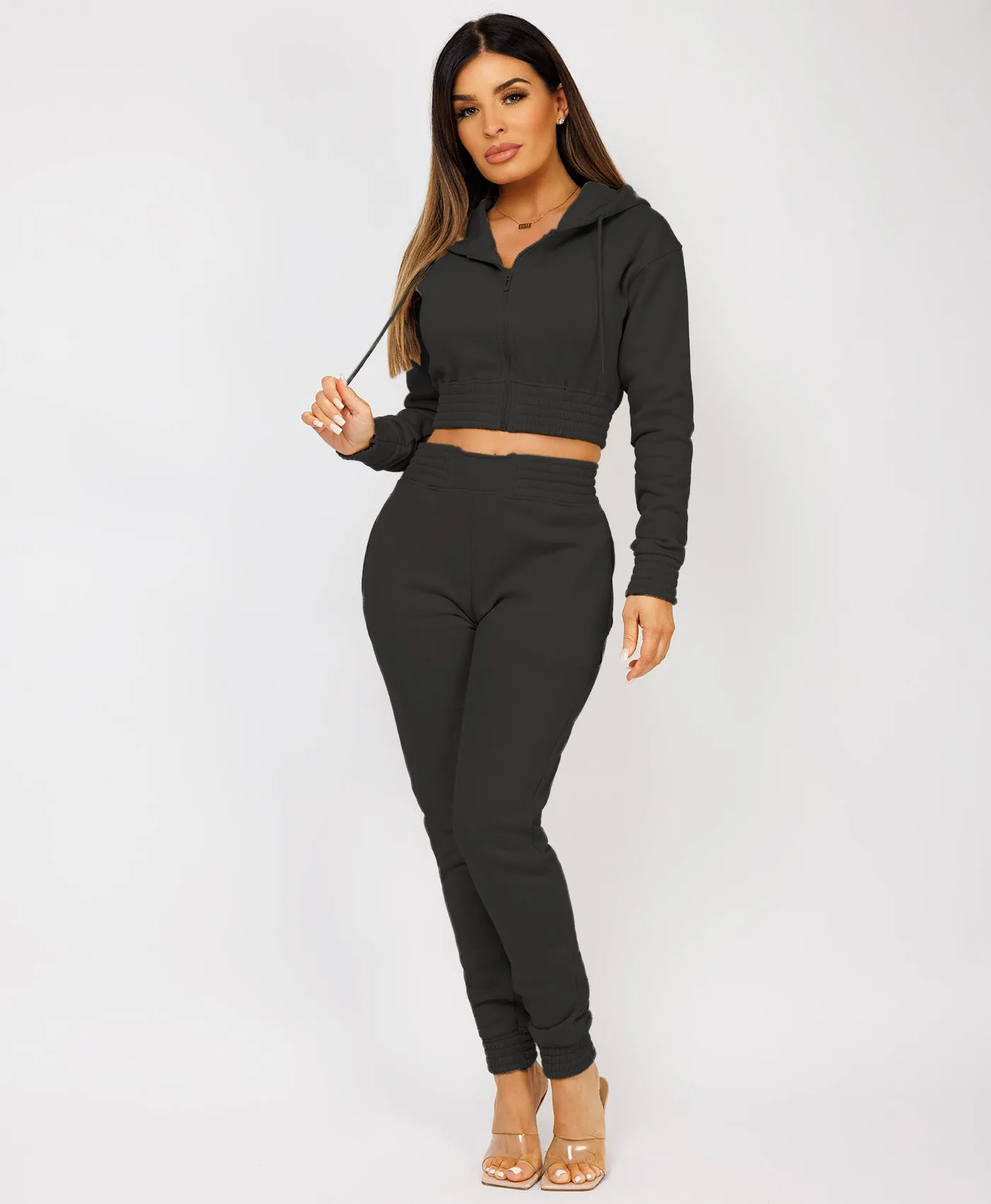 Black Zipped Cropped Hooded Tracksuit Loungewear Set