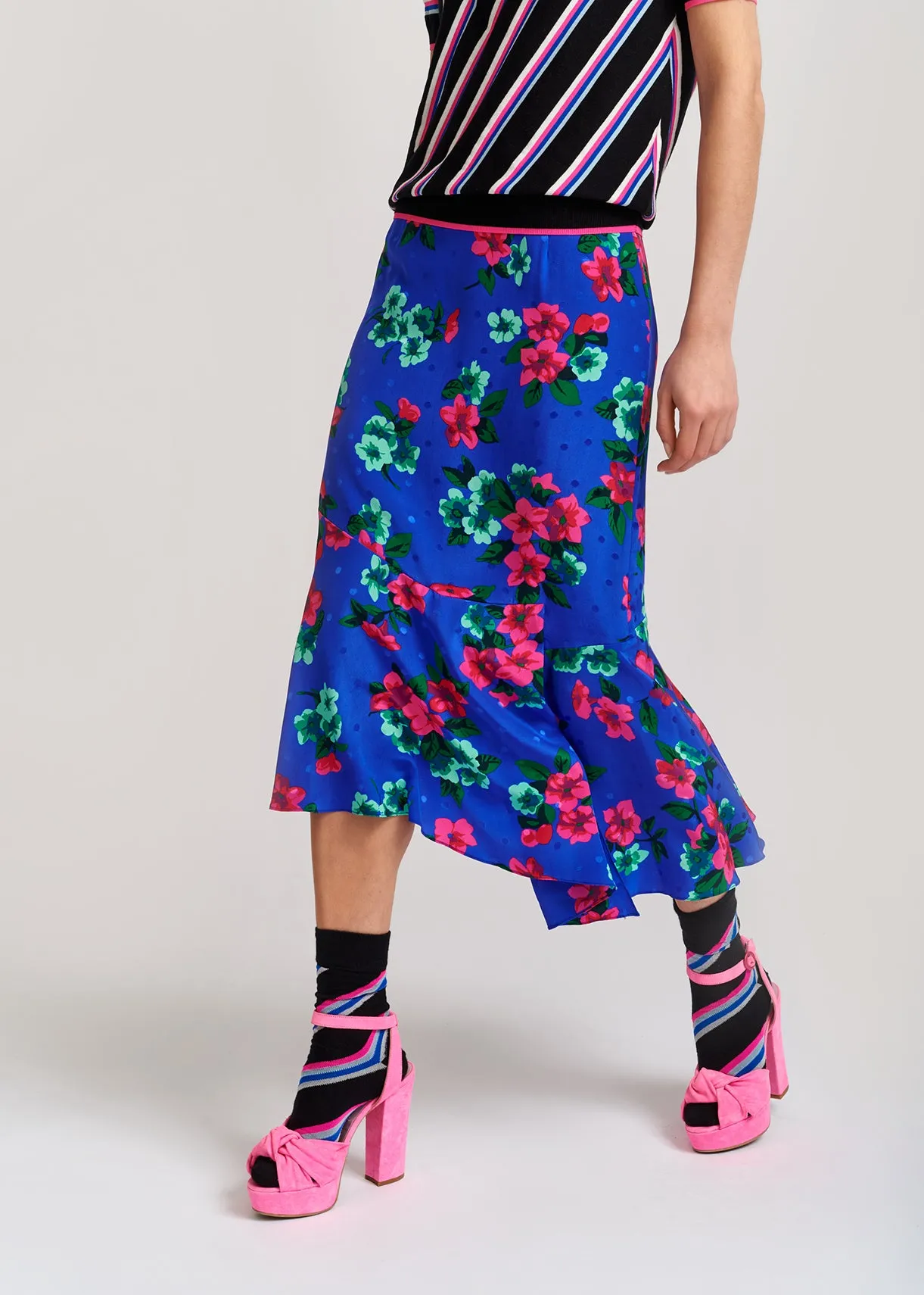 Blue floral and polka dot silk midi skirt