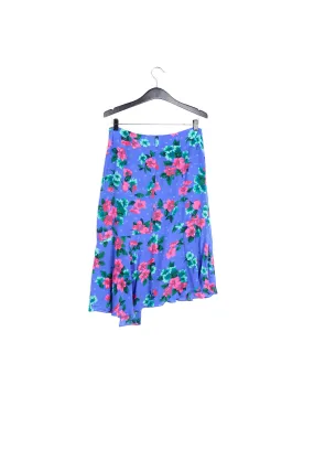 Blue floral and polka dot silk midi skirt