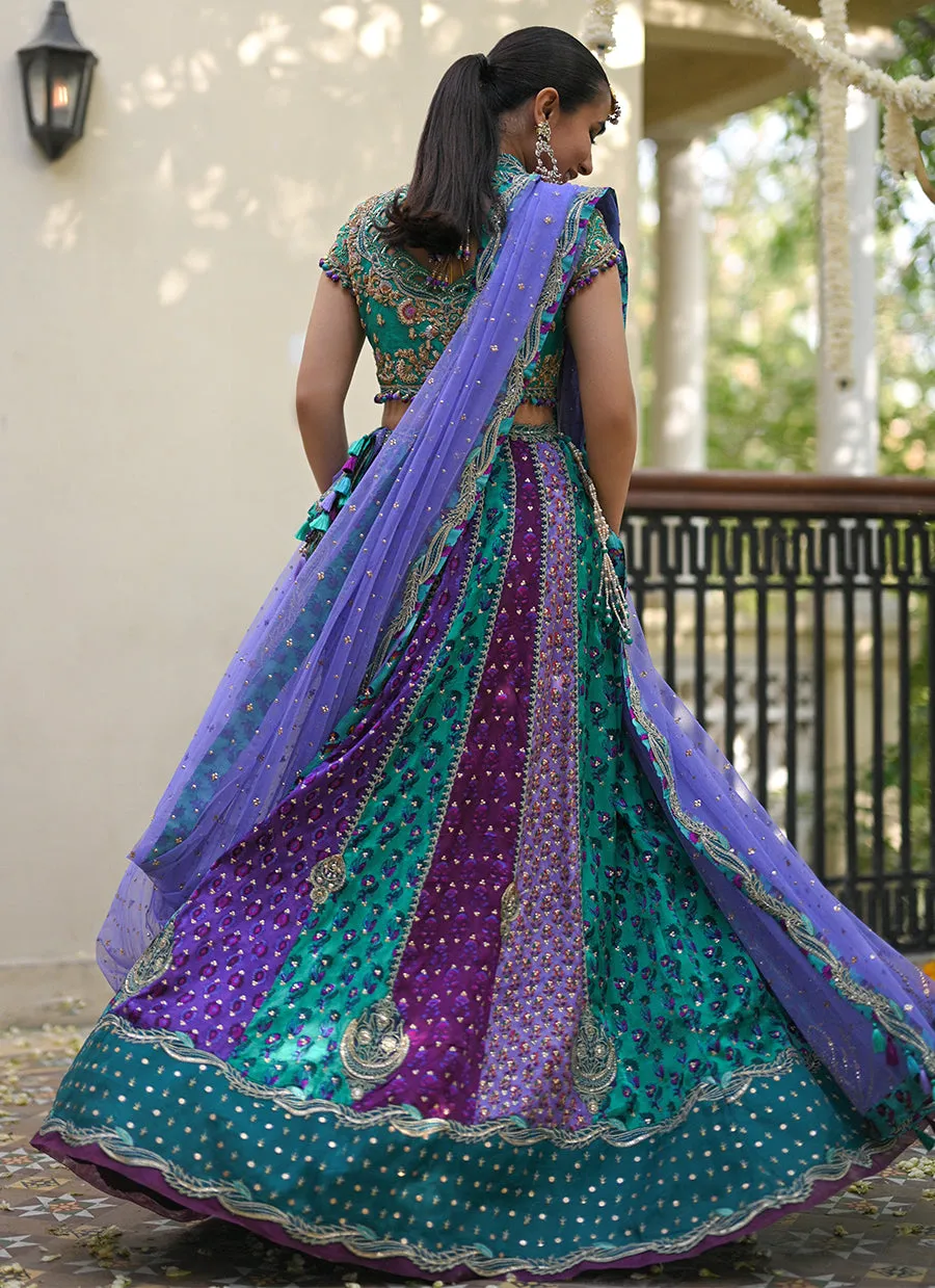 Bluebell sea green block printed lengha choli