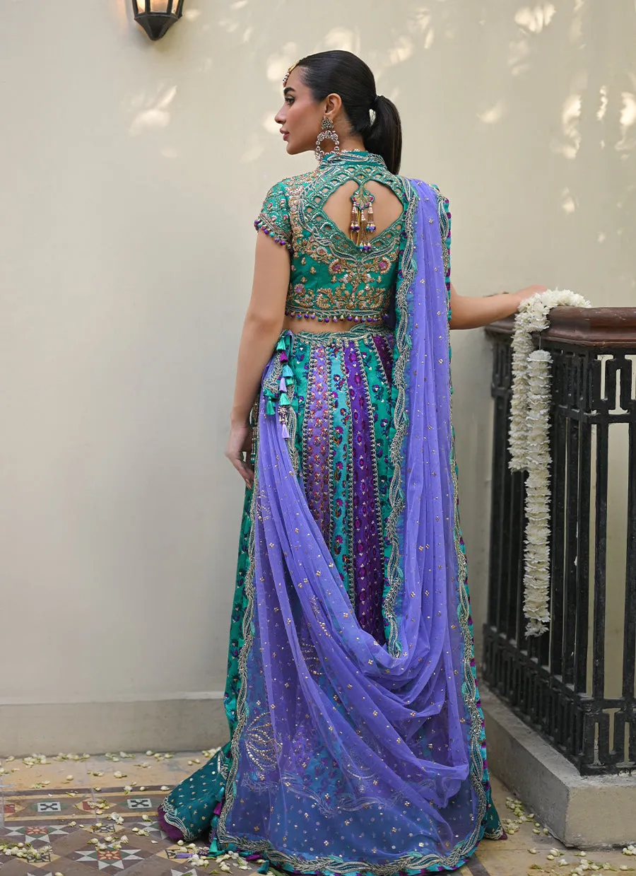 Bluebell sea green block printed lengha choli