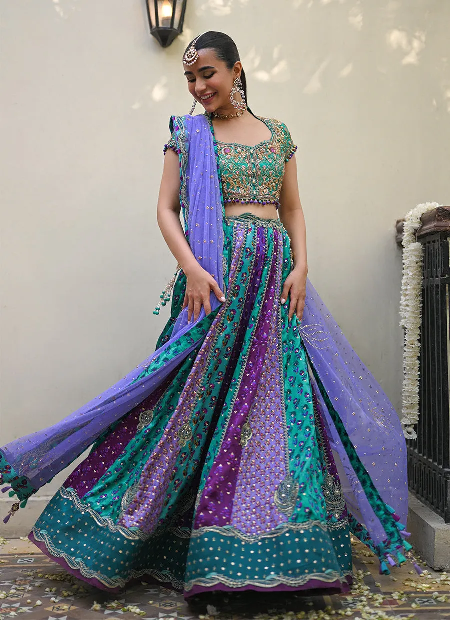 Bluebell sea green block printed lengha choli