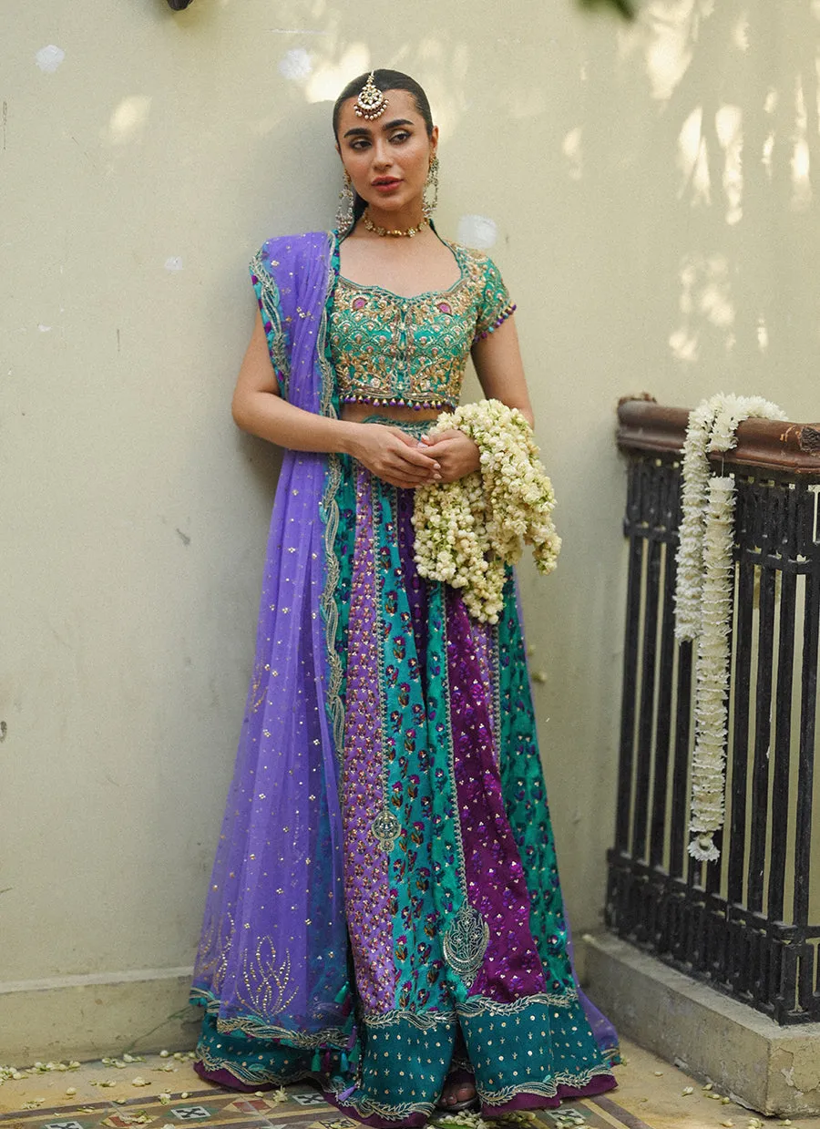 Bluebell sea green block printed lengha choli