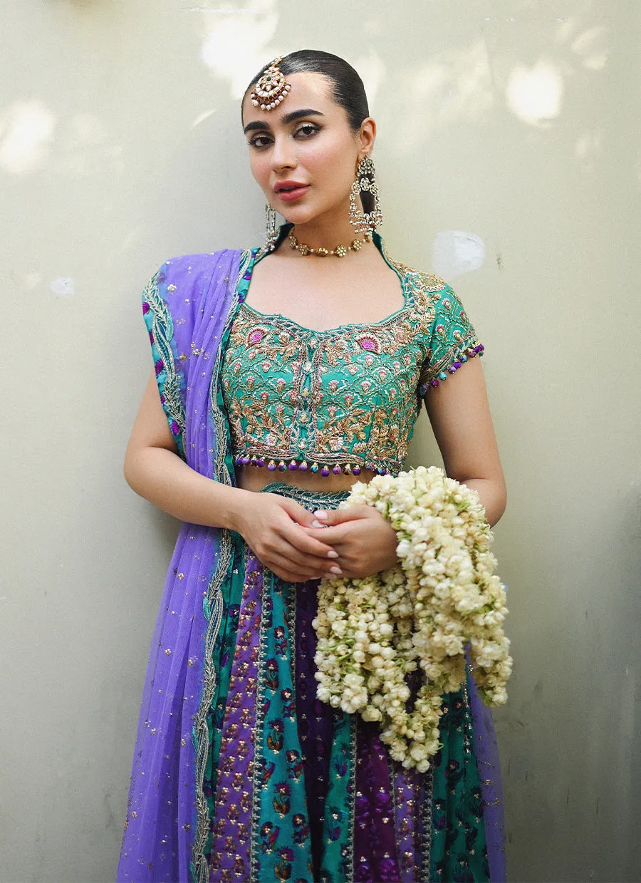 Bluebell sea green block printed lengha choli