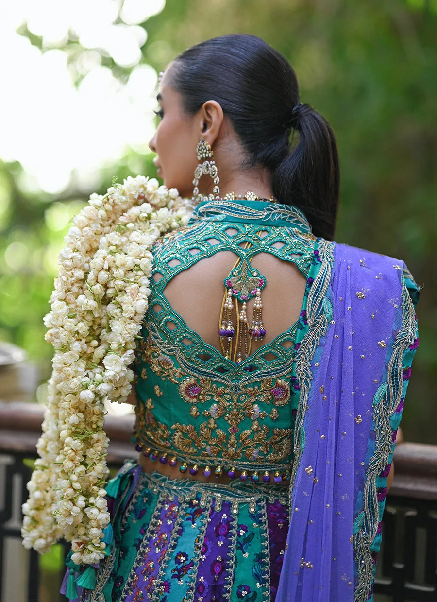 Bluebell sea green block printed lengha choli