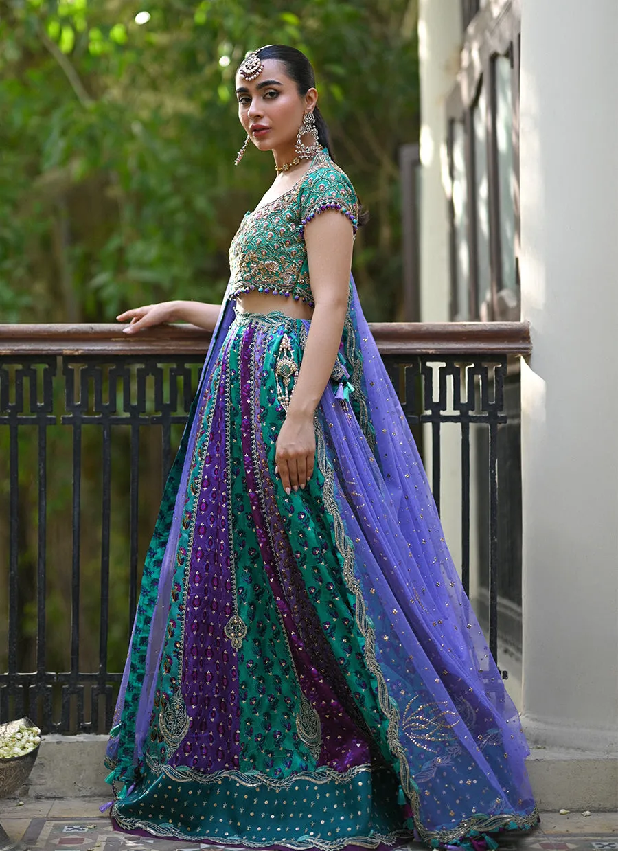 Bluebell sea green block printed lengha choli