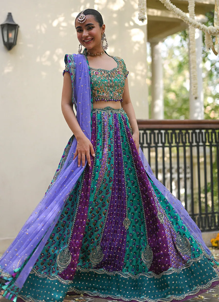 Bluebell sea green block printed lengha choli