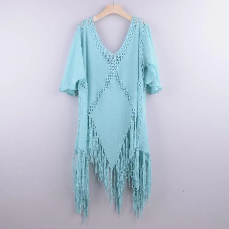 Boho Chic Crochet Fringed Cover-Up | Stylish Poncho for Summer Beach Escapes