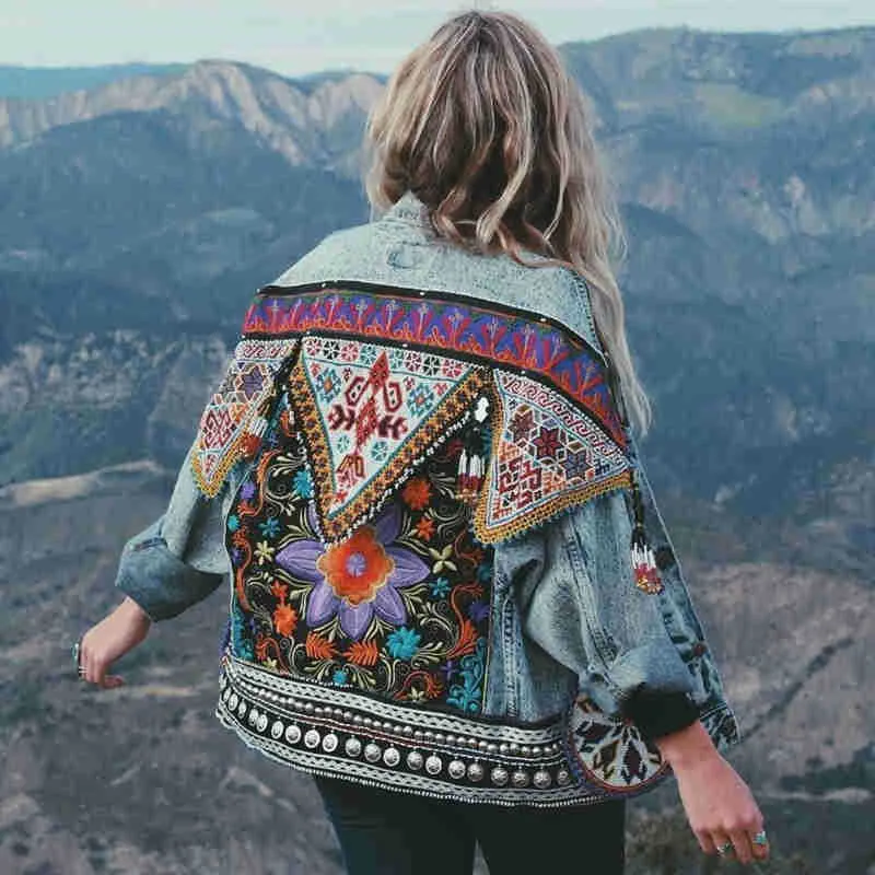 Boho Denim Jacket For Women Vintage Coat