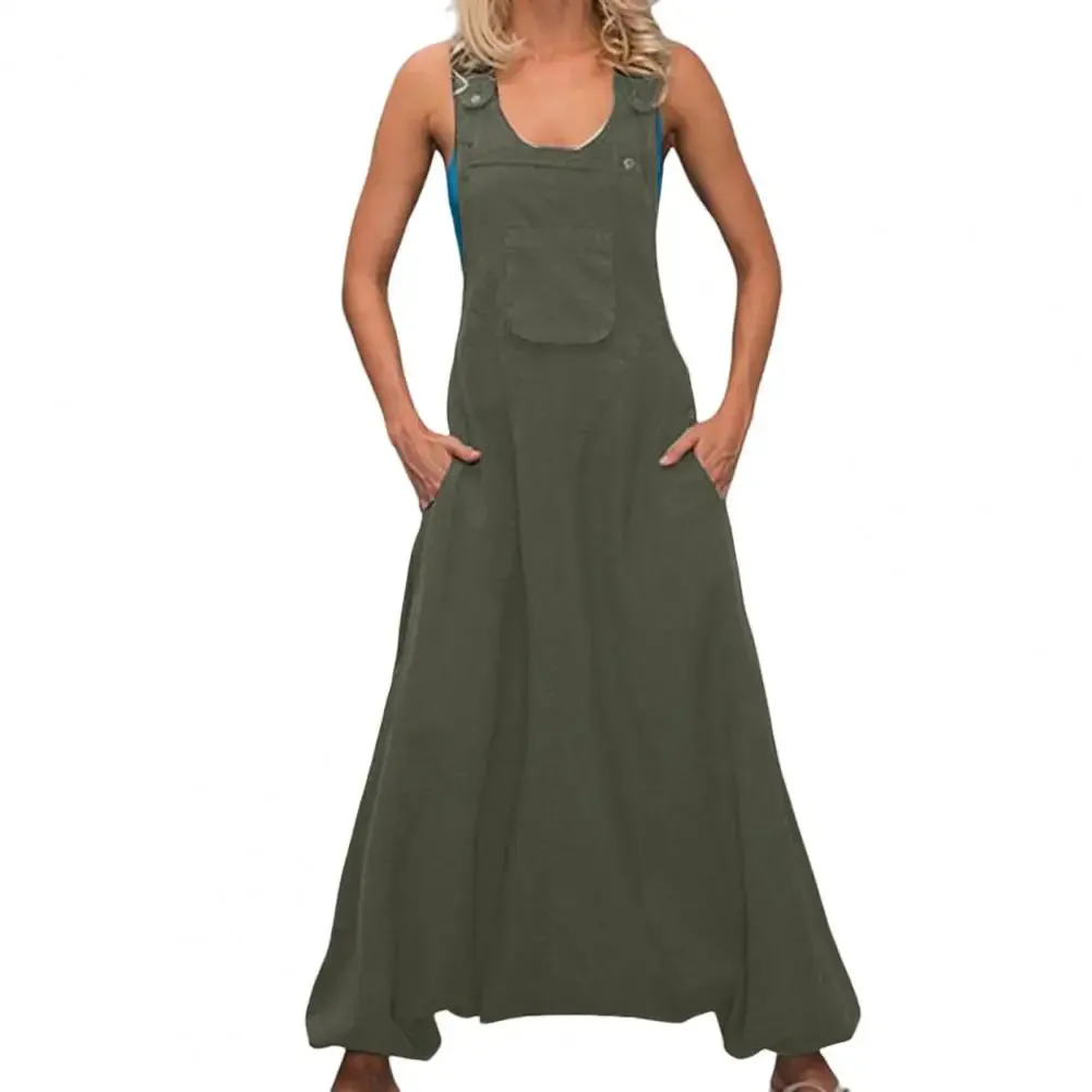 Bonnyshow Women Summer Loose Thin Jumpsuits Harem Pants Wide Leg Pants Sleeveless Pockets Bib Jumpsuit Siamese Trousers Large Size S-5XL