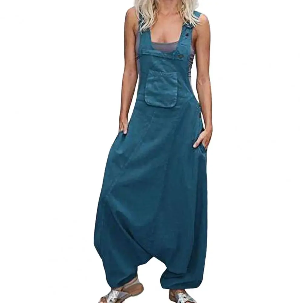 Bonnyshow Women Summer Loose Thin Jumpsuits Harem Pants Wide Leg Pants Sleeveless Pockets Bib Jumpsuit Siamese Trousers Large Size S-5XL