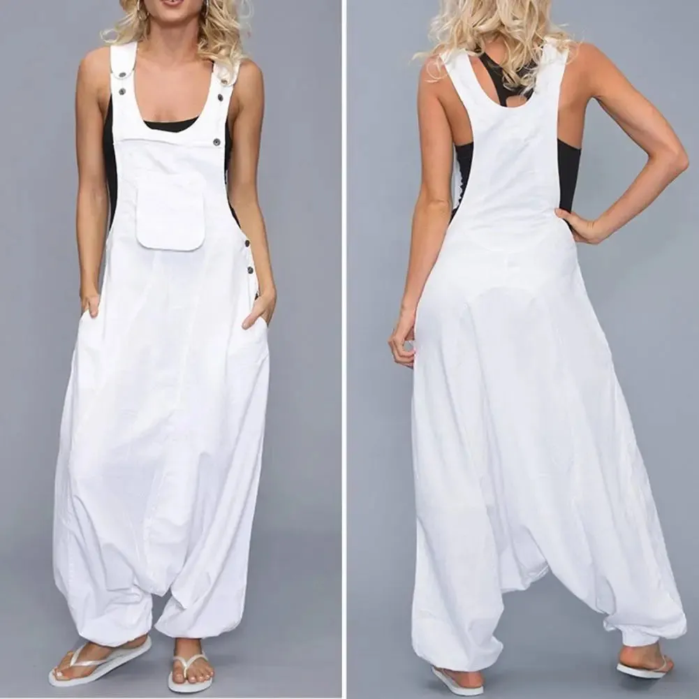 Bonnyshow Women Summer Loose Thin Jumpsuits Harem Pants Wide Leg Pants Sleeveless Pockets Bib Jumpsuit Siamese Trousers Large Size S-5XL