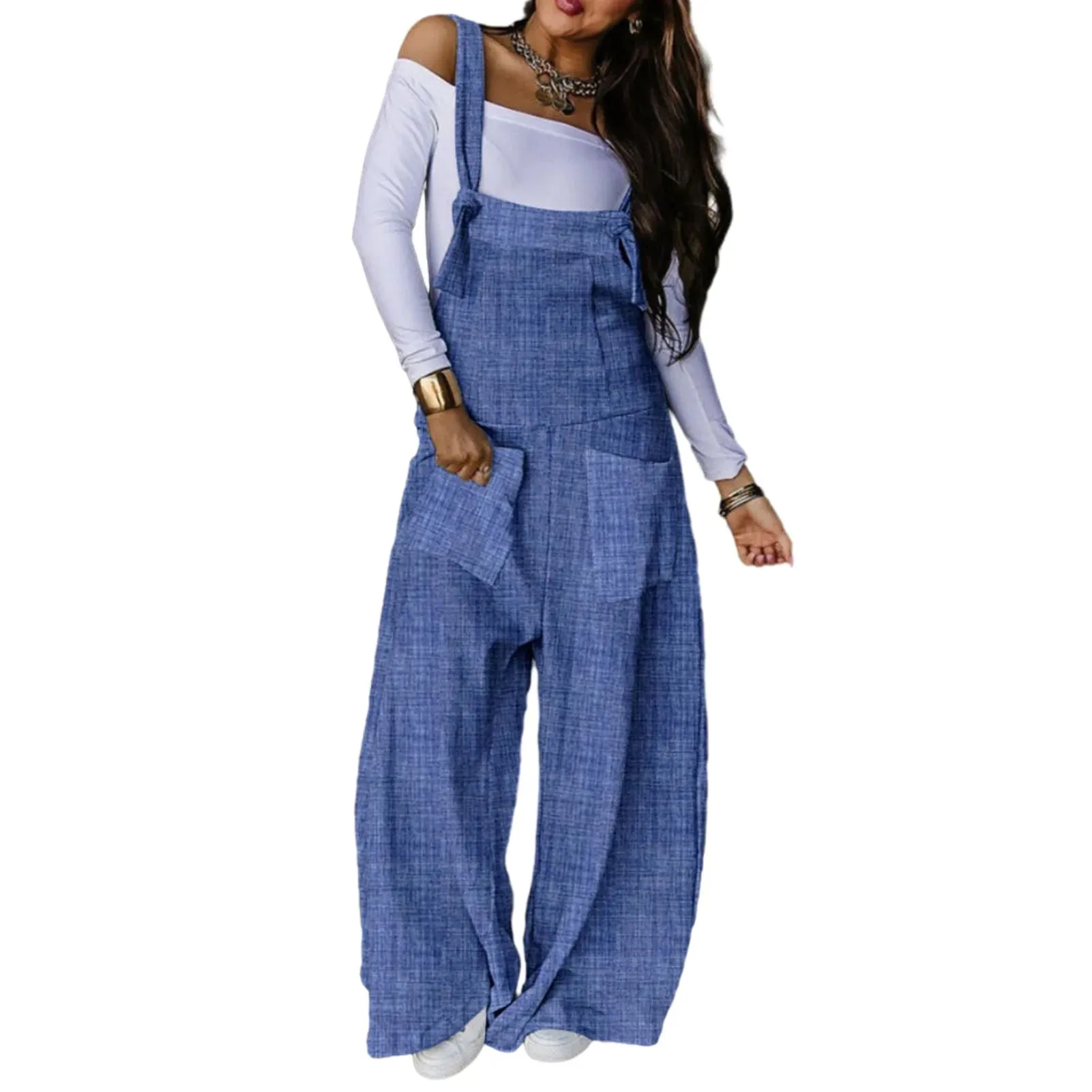 Bonnyshow Women Summer Loose Thin Jumpsuits Harem Pants Wide Leg Pants Sleeveless Pockets Bib Jumpsuit Siamese Trousers Large Size S-5XL