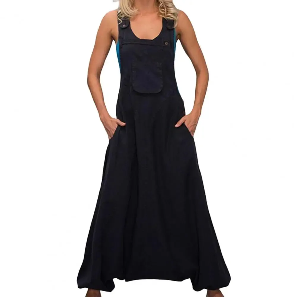 Bonnyshow Women Summer Loose Thin Jumpsuits Harem Pants Wide Leg Pants Sleeveless Pockets Bib Jumpsuit Siamese Trousers Large Size S-5XL