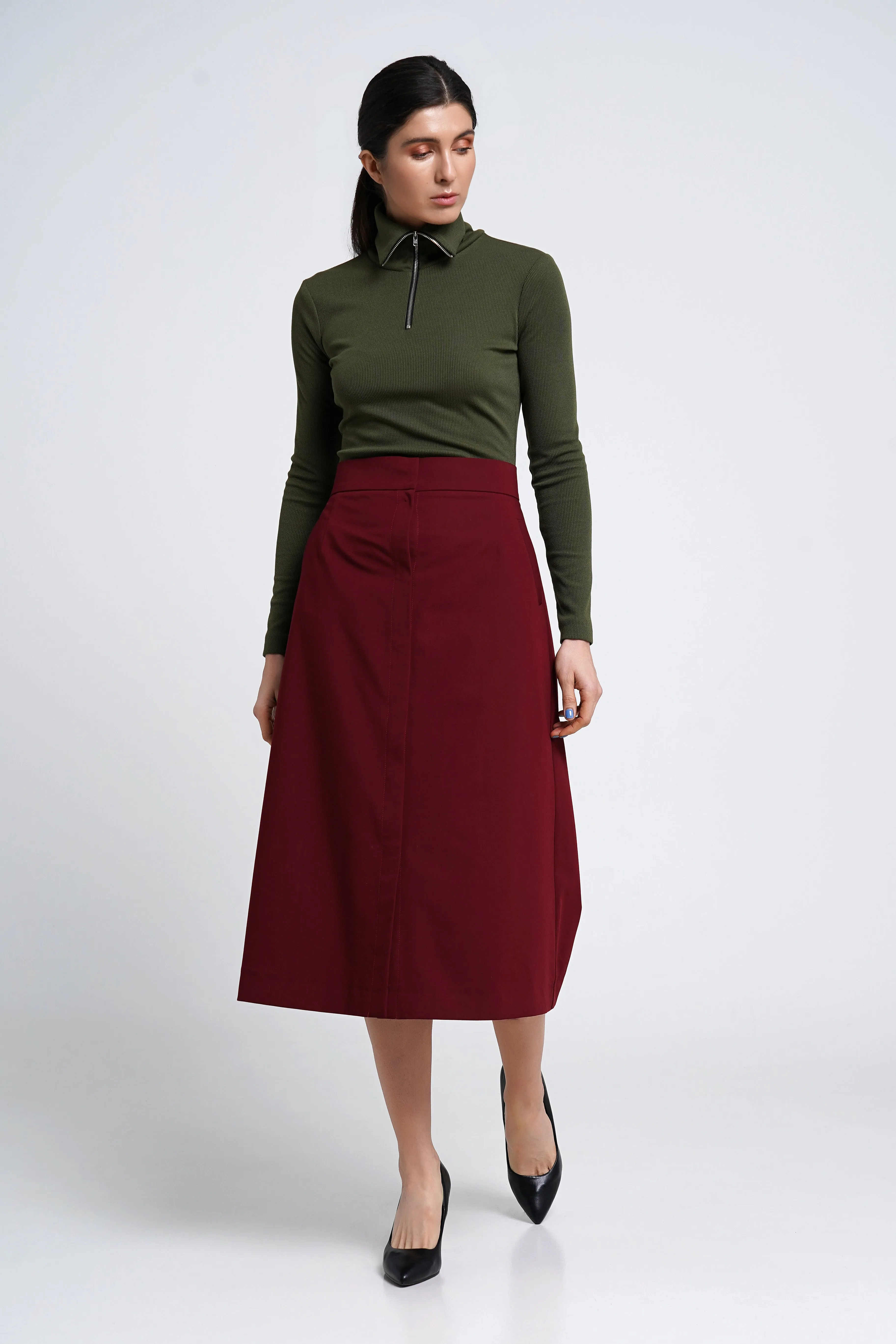 Burgundy midi skirt