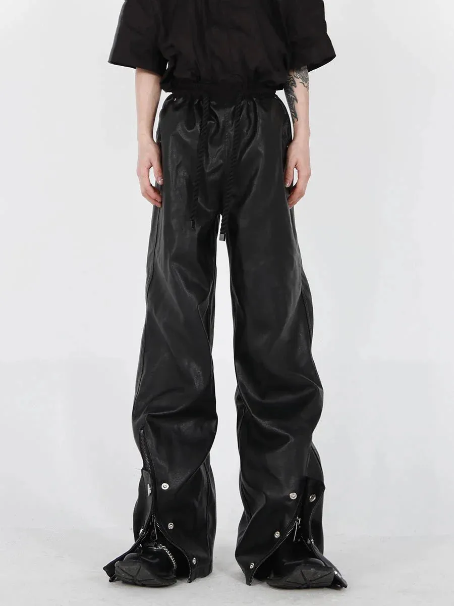 Button-Zip Faux Leather Pants with Thick Rope | Steatwear Trousers