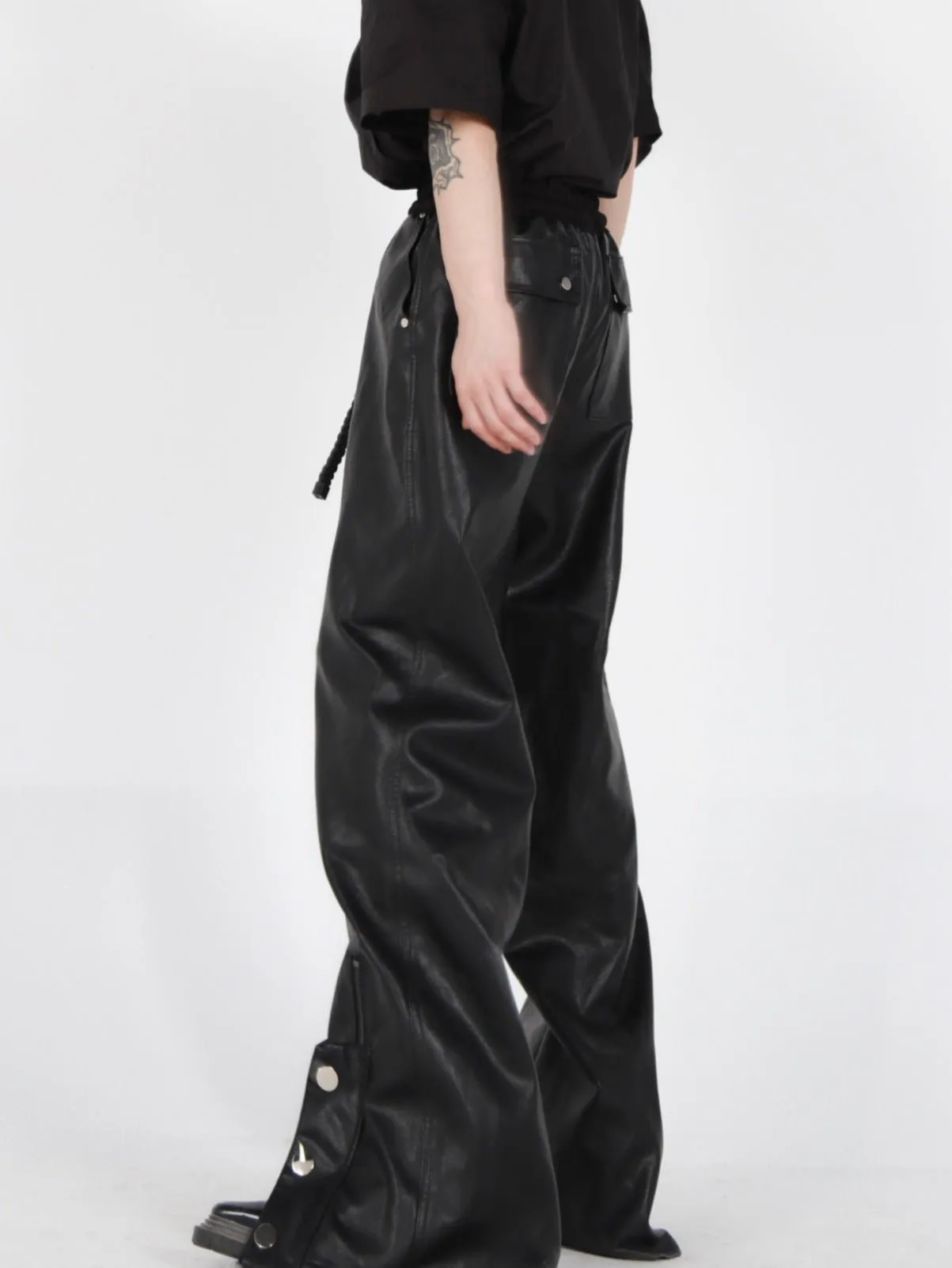 Button-Zip Faux Leather Pants with Thick Rope | Steatwear Trousers