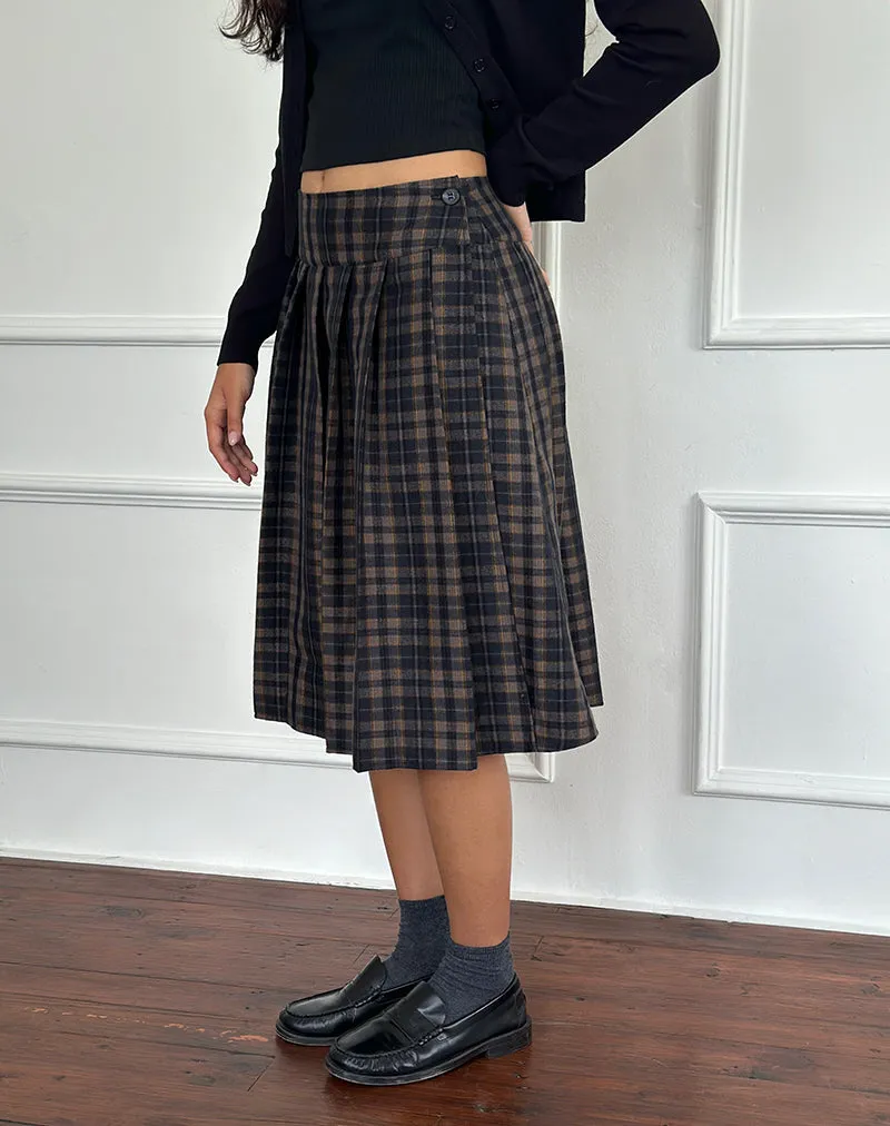 Catelyn Pleated Midi Skirt in Navy Mustard Check