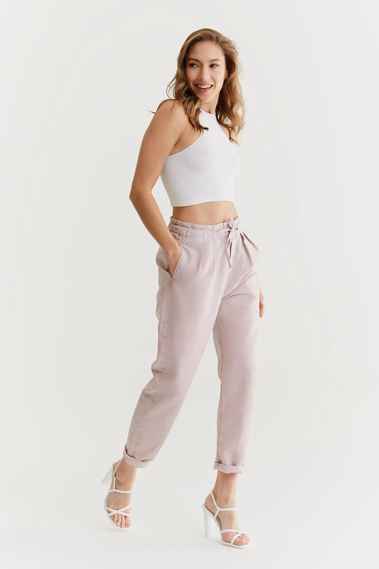 Claudia High Waist Paper Bag Chino Cropped Pants Dusty Rose