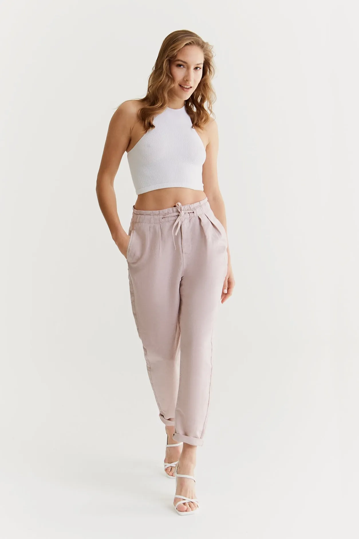 Claudia High Waist Paper Bag Chino Cropped Pants Dusty Rose