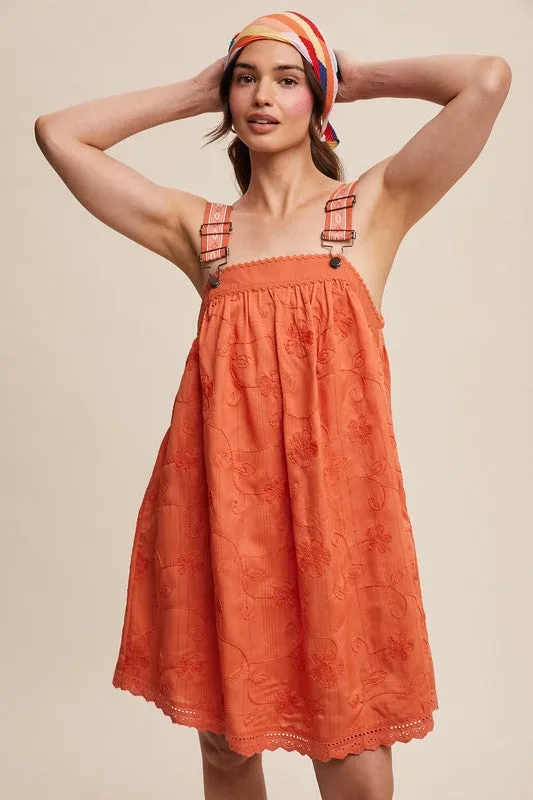 Coral Romantic Embroidered Overall Dress