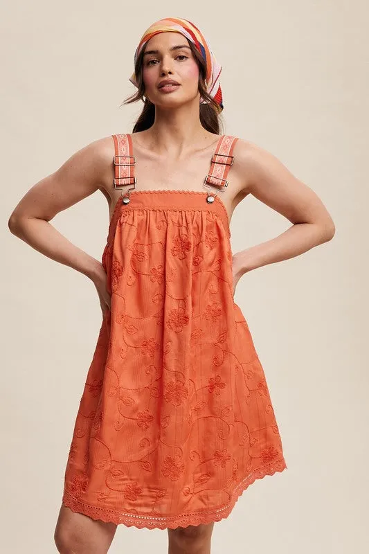 Coral Romantic Embroidered Overall Dress