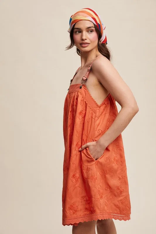 Coral Romantic Embroidered Overall Dress