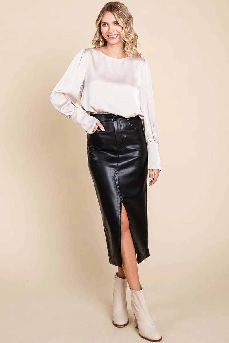 Cotton Backed Faux Leather Split Pencil Skirt