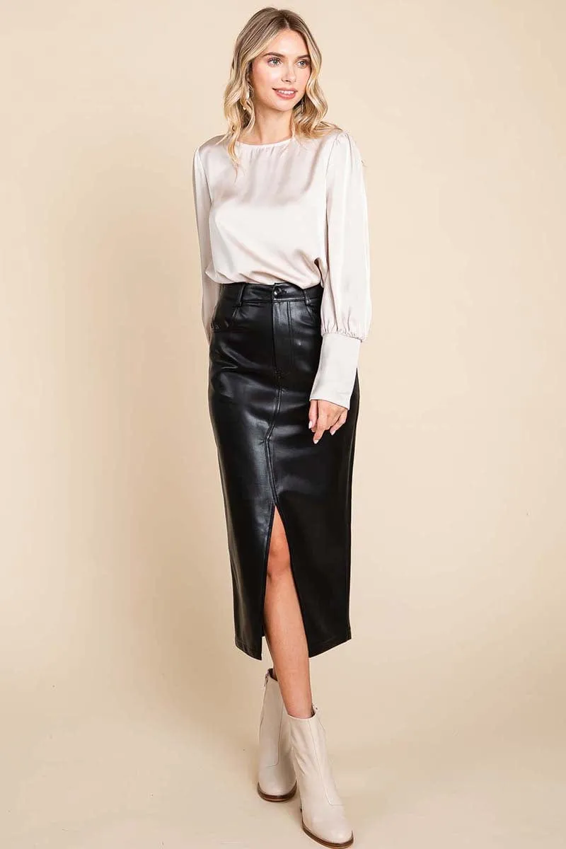 Cotton Backed Faux Leather Split Pencil Skirt