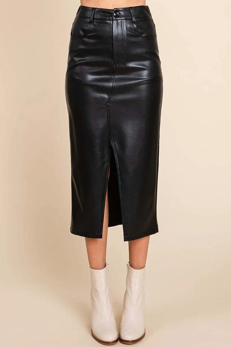 Cotton Backed Faux Leather Split Pencil Skirt