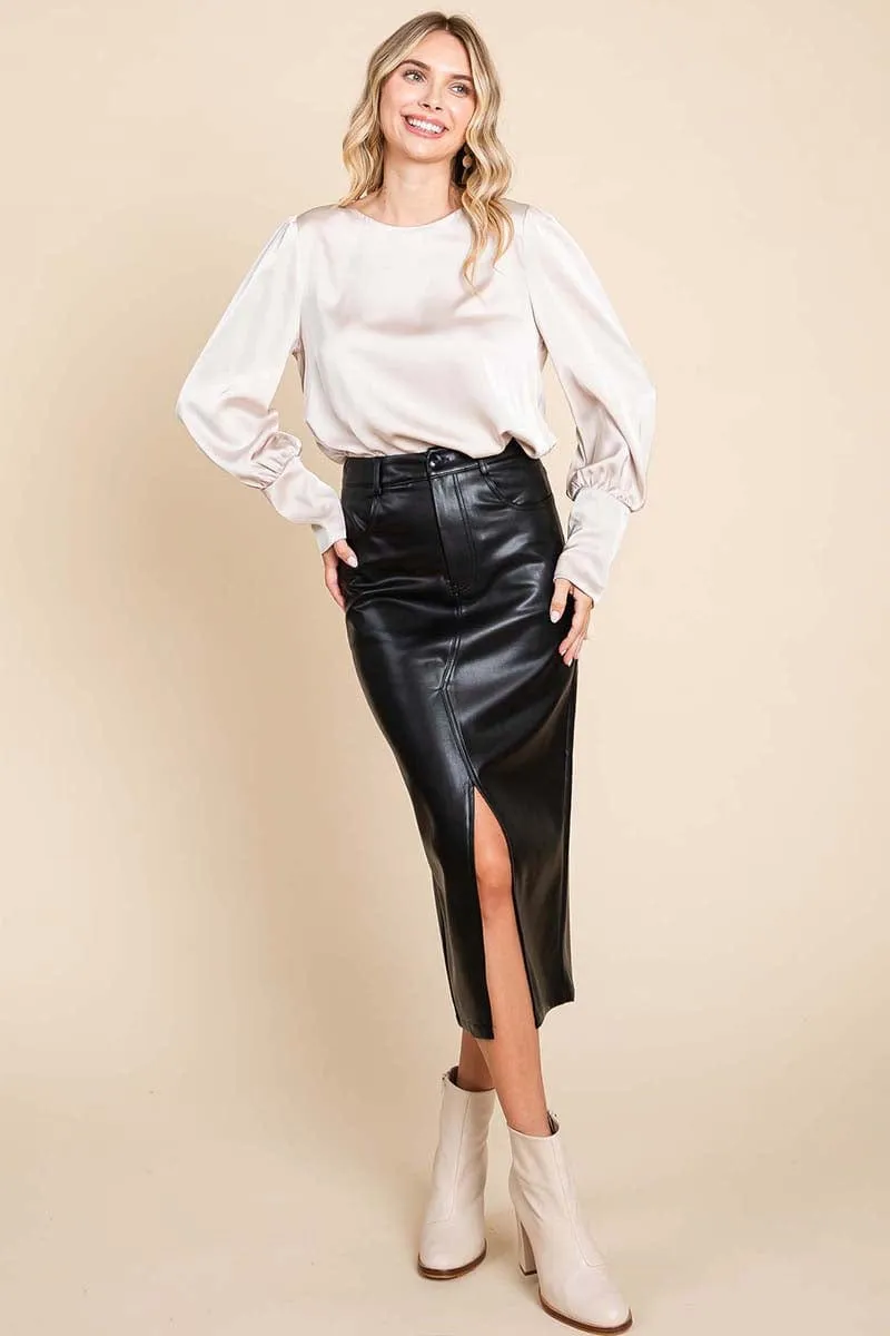 Cotton Backed Faux Leather Split Pencil Skirt