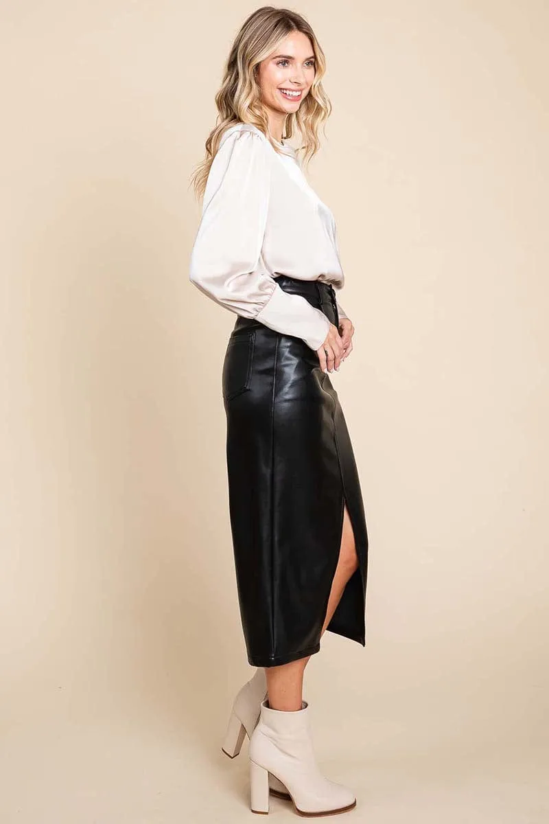 Cotton Backed Faux Leather Split Pencil Skirt