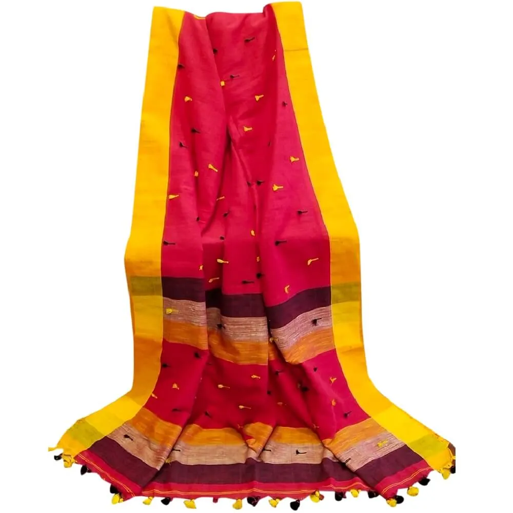 Cotton Linen handloom saree with pompom - Red