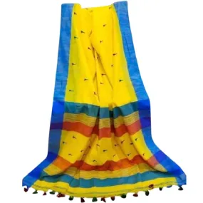 Cotton Linen handloom saree with pompom - Yellow