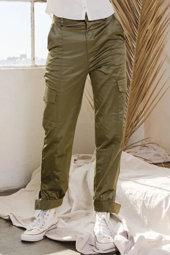 Cotton Satin Cargo Pants High Waisted Olive