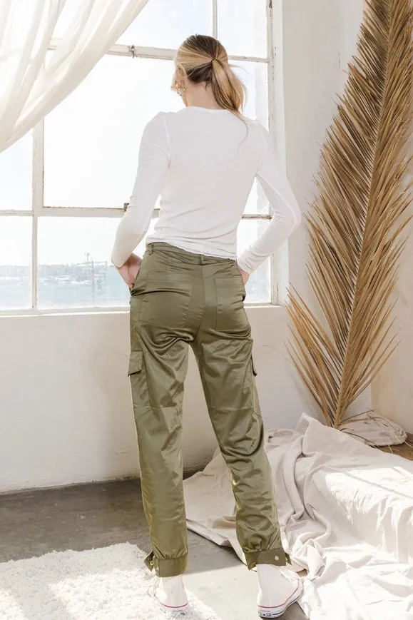 Cotton Satin Cargo Pants High Waisted Olive