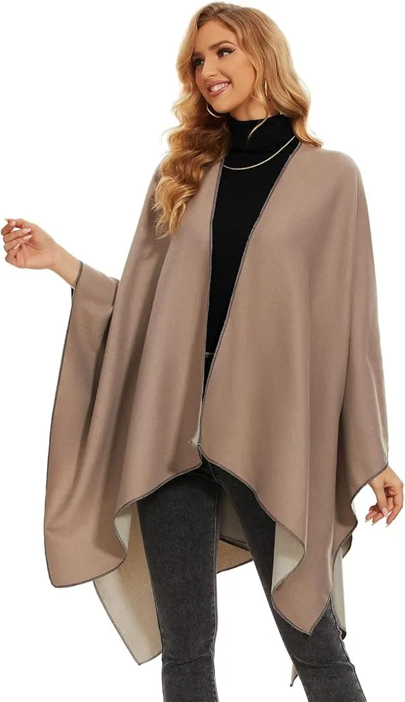 Dark Gray-Coffee Soft Knit Wrap Poncho Style Cardigan