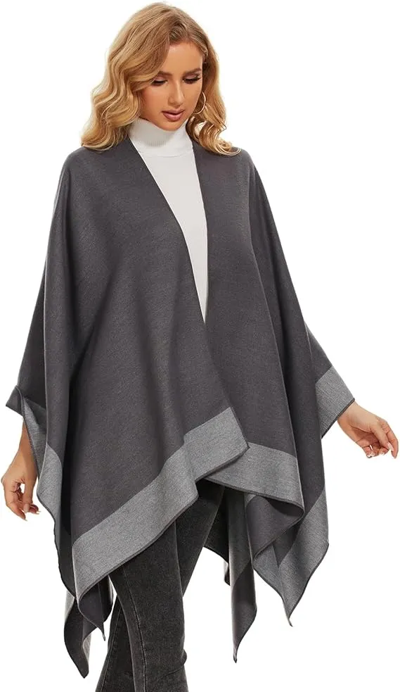 Dark Gray-Coffee Soft Knit Wrap Poncho Style Cardigan