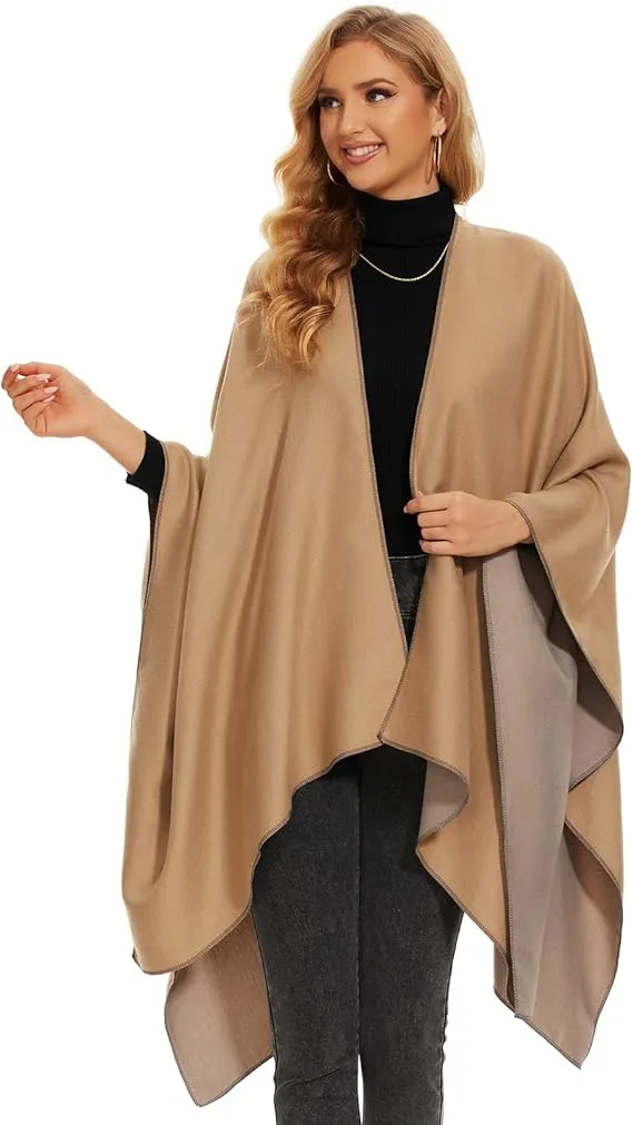 Dark Gray-Coffee Soft Knit Wrap Poncho Style Cardigan