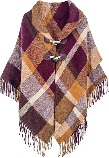 Dark Red Winter Chic Plaid Poncho Cardigan